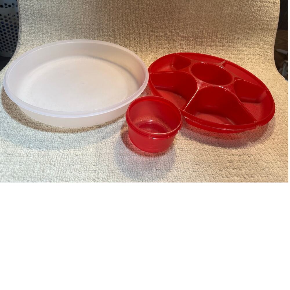 Tupperware Serving Center Chip & Dip Divided Tray Set Veggie Snack Dip Sheer Red